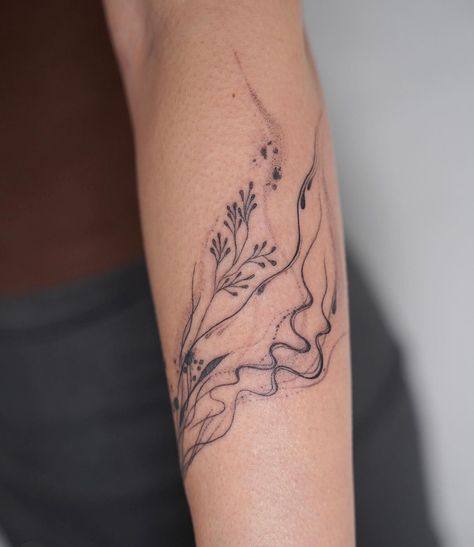 Ocean Botanical Tattoo, Water Ink Tattoo, Seaweed Wrap Around Tattoo, Flowy Hand Tattoo, Water Wrap Around Tattoo, Ocean Plants Tattoo, Water Flower Tattoo, Pathway Tattoo, Abstract Ocean Tattoo