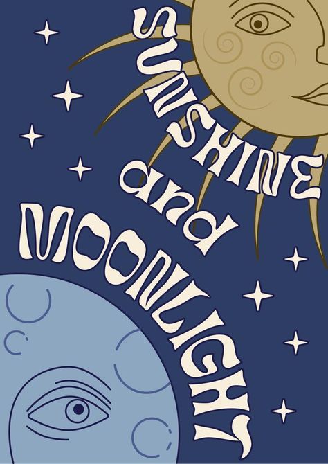 Sunshine and Moonlight poster with waved text, sun and moon in the night sky, groovy old fashioned poster with text. Moon And Stars Poster, Sunshine And Moonlight, Moonlight Poster, Groovy Poster, Moon In The Night Sky, Poster With Text, Moon Stages, Homecoming Posters, Sun Poster