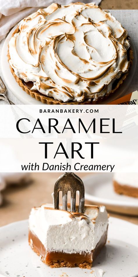 The ULTIMATE salted caramel tart made with a brown butter crust, fresh homemade salted caramel sauce and topped with the most luscious toasted brown sugar meringue. Caramel Meringue Pie, Caramel Desserts Fancy, Caramel Christmas Desserts, Dessert Recipes Caramel, Winter Tarts Dessert, Tarte Ideas, Caramel Baking Recipes, Carmel Pie Recipes, Dessert Recipes With Caramel