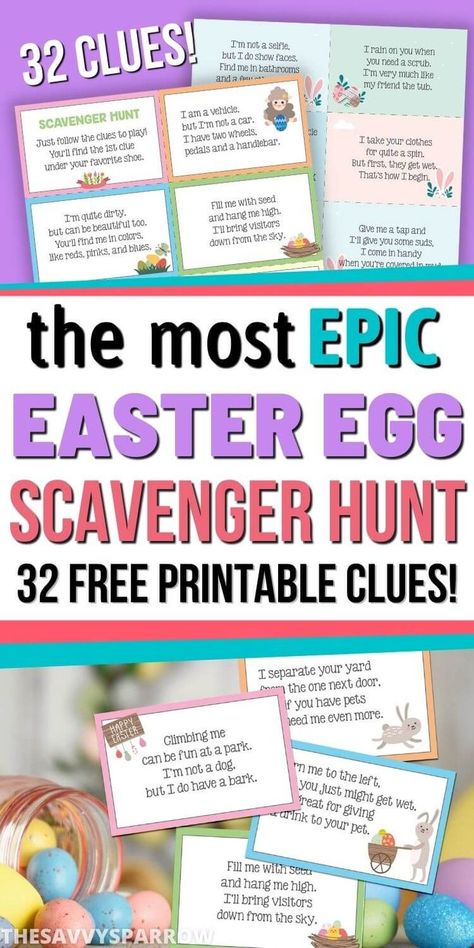 Want to do a fun Easter scavenger hunt for kids this year? Use these free printable Easter scavenger hunt clues to make it easy! These printable Egg hunt clues are perfect for kids and teenagers too. Just print the scavenger hunt riddles, cut them out, and hide them indoors or outside. Comes with 32 free printable Easter scavenger hunt cards. Add this to your list of fun Easter egg hunt ideas for kids! Easter Egg Scavenger Hunt Clues, Easter Scavenger Hunt For Kids, Easter Riddles, Easter Scavenger Hunt Clues, Egg Hunt Clues, Easter Egg Scavenger Hunt, Easter Egg Hunt Clues, Easter Treasure Hunt, Easter Scavenger Hunt