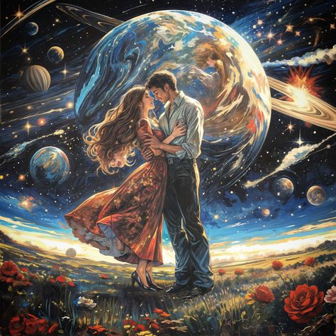 🌌💞 Step into a cosmic romance with this enchanting artwork, where a couple shares an intimate embrace amidst a celestial backdrop. The night sky is adorned with swirling galaxies, planets, and stars, creating a breathtaking tapestry of the universe. The lovers, grounded on a field of vibrant flowers, seem to transcend the earthly realm, their connection illuminated by the heavenly glow. The woman's flowing dress and the man's gentle hold encapsulate a moment of timeless love, set against the ... Universe Couple, Cosmic Romance, Cosmic Lovers, Celestial Backdrop, Planets And Stars, Flowing Dress, Star Crossed Lovers, Timeless Love, Vibrant Flowers