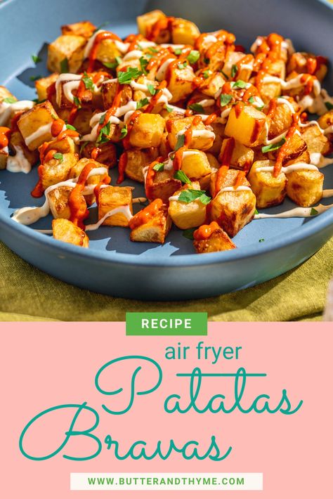 Patatas Bravas Sauce Recipe, Patatas Bravas Recipe Air Fryer, Air Fryer Patatas Bravas, Potato Bravas Recipes, Papas Bravas Recipe, Crispy Diced Potatoes, Patatas Bravas Sauce, Potatoes Bravas, Brava Sauce