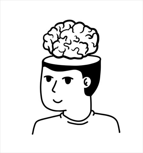 Man with open mind. Concept of knowledge and learning. Brain in empty head. Psychological development. Outline cartoon illustration Head Illustration Brain, Open Brain Drawing, Open Mind Illustration, Open Head Drawing, Brain Drawing Aesthetic, Knowledge Illustration, Brain Aesthetic, Mind Illustration, Knowledge Aesthetic