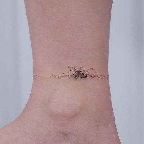 Woods And Ocean Tattoo, Water Ankle Tattoo, Tato Dengan Makna, Tato Minimal, Tattoo Artist Tattoo, Ankle Tattoo Designs, Ankle Tattoos For Women, Anklet Tattoos, Foot Tattoos For Women