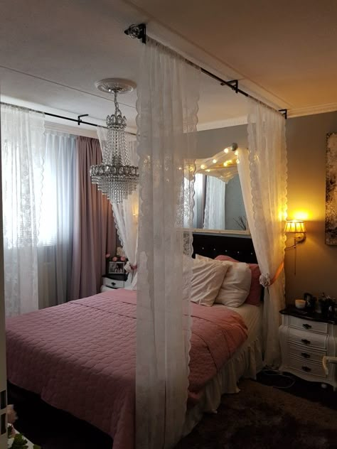 Diy Bed Canopy Easy, Curtain Over Bed, Curtains Around Bed, Canopy Drapes, Bed Canopy With Lights, Canopy Over Bed, Canopy Bed Diy, Girl Apartment Decor, Indian Room Decor