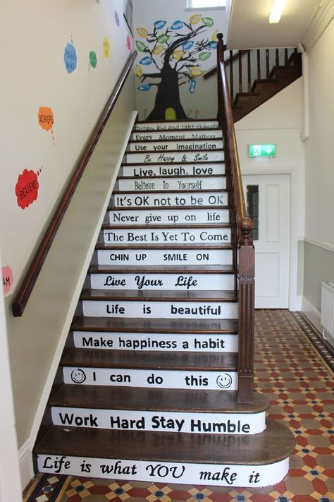 School DIY project. Motivational quotes. Stairs' steps painting Stair Quotes, Deco Violet, School Wall Decoration, Stair Art, School Hall, مشروعات العلوم, School Board Decoration, Work Hard Stay Humble, School Hallways