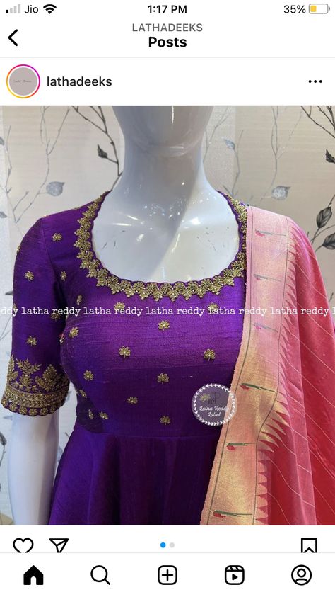 Maggam Work For Anarkali Dresses, Maggam Work Anarkali Dress, Long Frock Maggam Work Designs, Pattu Saree Dress Gowns, Purple Anarkali Dress, Anarkali Neck Designs, Ladies Frock Design, Basic Blouse Designs, Banarasi Suits