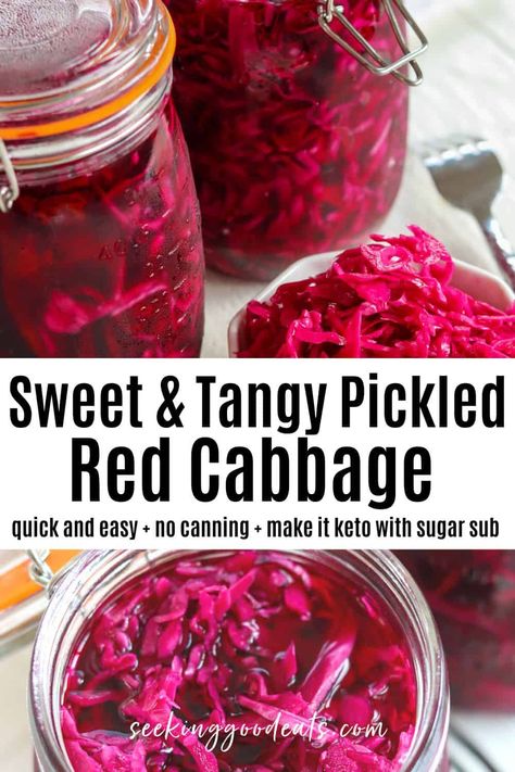 The perfect blend of tangy and sweet. This delicious pickled red cabbage is so easy to make! Easy Pickled Cabbage Recipe, Sweet Pickled Red Cabbage, How To Pickle Red Cabbage, Pickles Red Cabbage, Marinated Red Cabbage, Pickled Red Cabbage Canning, Canned Pickled Red Cabbage Recipe, Purple Cabbage Canning, Canned Red Cabbage