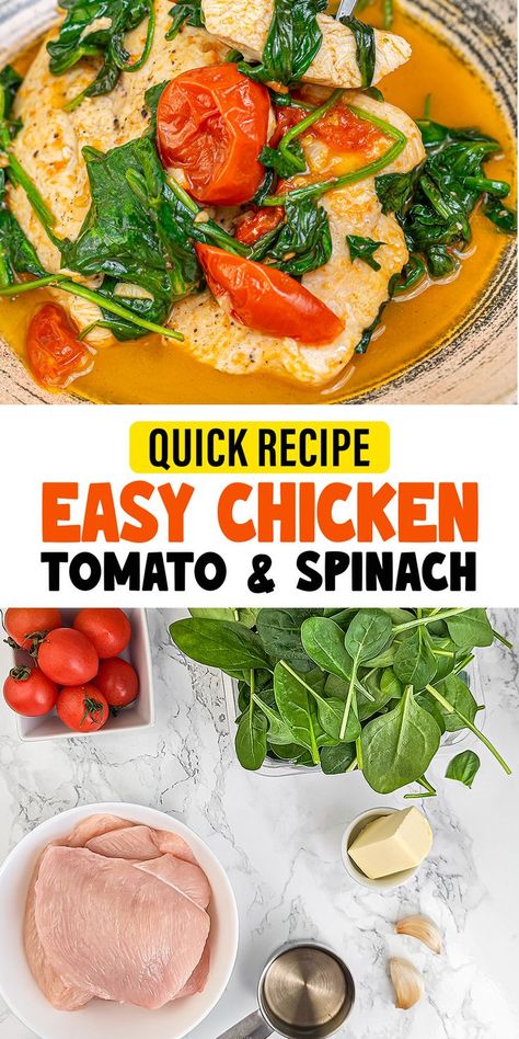 Embrace the harmony of flavors with this quick Tomato Spinach White Wine Chicken recipe. In just 30 minutes, you can enjoy chicken breast cooked in a buttery white wine sauce, enriched with the addition of fresh tomatoes and spinach. A perfect meal for when you crave something delicious yet easy. Chicken Spinach Tomatoes Recipes, Chicken Spinach Tomato Recipe, Chicken With Spinach And Tomatoes, Spinach Stuffed Chicken Breast, White Wine Chicken, Wine Chicken, Stuffed Chicken Breast Spinach, Spinach Chicken, Tomato Spinach