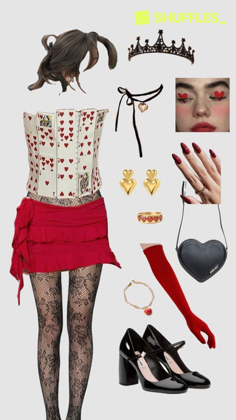 Queen Of Hearts Costume Rave, The Red Queen Costume, Queen Of Hearts Costume Aesthetic, Alice In Wonderland Queen Of Hearts Costume, Red Queen Outfit, Red Queen Halloween Costume, Queen Of Hearts Outfit Ideas, Queen Of Hearts Corset, Halloween Costume Queen Of Hearts