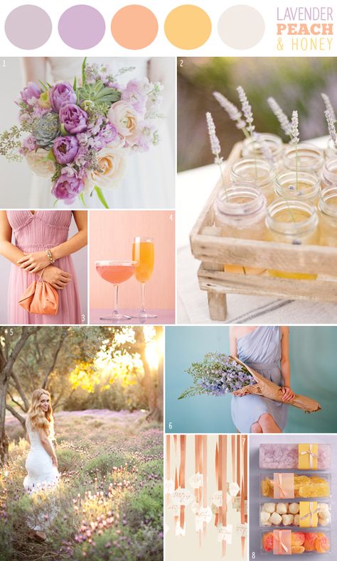 wedding color combination: Lavender, Peach & Honey (aka purple, yellow and peach) Wedding Colors Orange, Wedding Ideas October, Peach Color Schemes, Lavender Color Palette, Peach Honey, Fun Wedding Ideas, Wedding Color Combinations, Checklist Wedding, Gold Inspiration