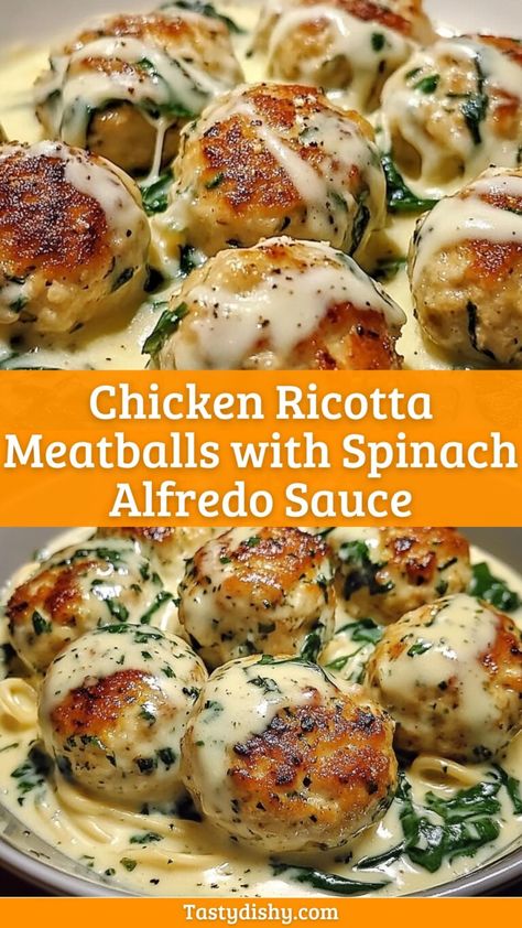 Delicious Chicken Ricotta Meatballs with Creamy Spinach Alfredo Sauce - Delicious Recipes - Easy Cooking Ideas and Tasty Dishes Chicken Ricotta Meatballs With Alfredo Sauce, Crockpot Ricotta Meatballs, Easy Dinner With Spinach, Meatballs Main Dish, Healthy Meatball Sauce Recipe, Healthy Family Meals Chicken, Meatball Recipes Chicken, Meals With Chicken Meatballs, Chicken Meatballs With Spinach