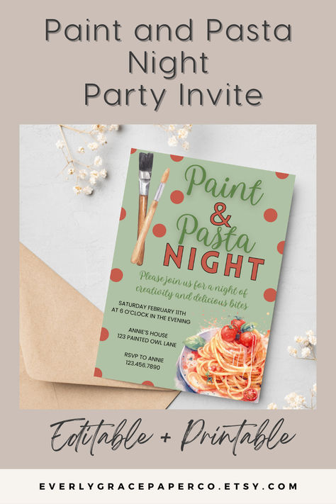 Would could be more fun than a night with your best friends- eating pasta and painting masterpieces? This invite is adorable and easy to edit! Painting Masterpieces, Adult Paint Party, Friends Eating, Painted Invitations, Eating Pasta, Pasta Night, Sip N Paint, Painting Party, Party Invites