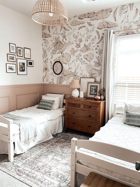 Twin Shared Room, Twin Bed And Full Bed Shared Room, Boho Shared Girls Room, Twin And Crib Shared Room, Two Twin Beds Girls Room, Sister Shared Bedroom Ideas Small Rooms, Teen Girls Shared Bedroom Ideas, Shared Teen Girls Room, Shared Sisters Bedroom