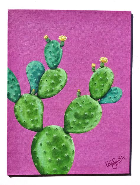 Cactus painting with yellow flowers and bright magenta background. Pear Cactus, Cactus Painting, Prickly Pear Cactus, Commission Painting, Custom Murals, Cactus Art, Spring Painting, Prickly Pear, Art Stuff