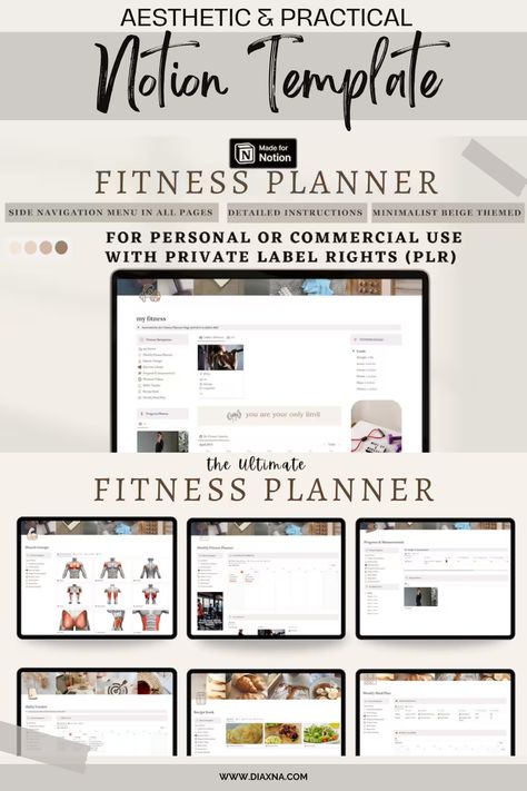 Effortless Fitness Planning with Digital Fitness Notion Template by FaveTemplates: Simplify Workouts and Meals with a Minimalist Aesthetic Workout Tracker and Meal Planner — DIAxNA Fitness Notion Template, Weekly Fitness Planner, Notion Aesthetic, Aesthetic Workout, Weekly Planner Free Printable, Workout Tracker, Weekly Planner Free, Online Planner, Meal Planner Template