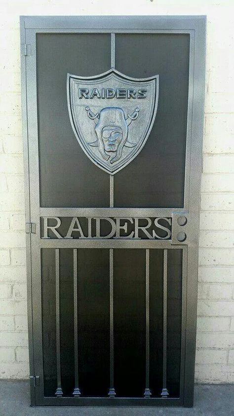 Raiders Screen Door - football nfl man cave decor Raiders Man Cave, Nfl Man Cave, Raiders Gifts, Oakland Raiders Fans, Oakland Raiders Logo, Raiders Stuff, Wrought Iron Door, Raiders Baby, Oakland Raiders Football