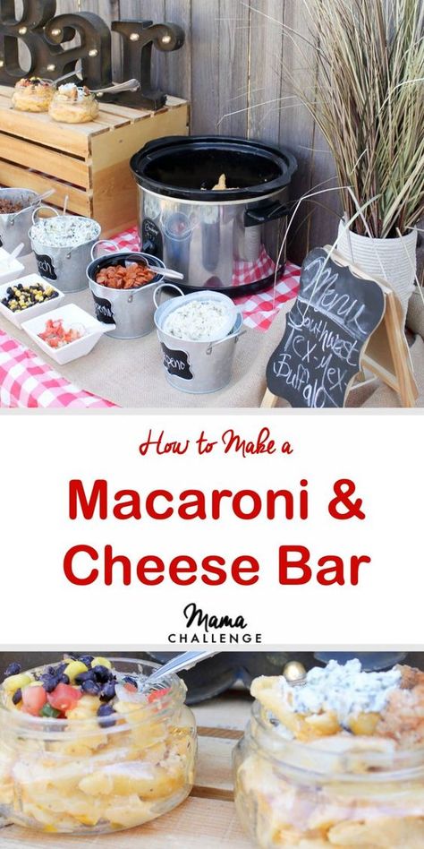 Macaroni and Cheese Bar // What's better than macaroni and cheese? NOTHING. Well except macaroni and cheese with stuff in it. Make your next dinner, girls' night or cookout the easiest and cheesiest with a macaroni and cheese bar. Macaroni And Cheese Bar, Mac And Cheese Bar, Party Food Bars, Best Macaroni And Cheese, Cheese Bar, Macaroni Recipes, Pasta Bar, Cheese Party, Food Stations