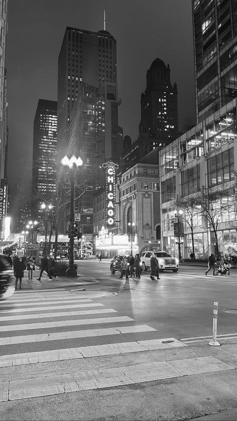 #chicago #nighttime #city #theatre #blackandwhite #downtown Chicago Black And White, Nighttime City, Geography Project, Beautiful Cities, Chicago City, Born This Way, Night City, White Aesthetic, Black Wallpaper