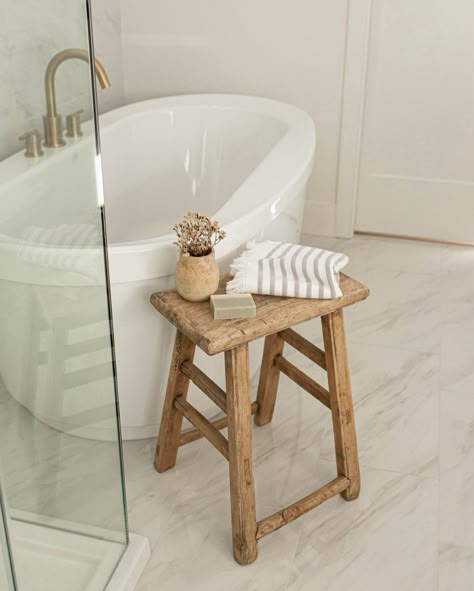 Our favourite thing to do is to show you how to add our pieces to make your home a calming oasis! 🧘🧘‍♀️🧘🏽‍♂️ Small Stool In Bathroom, Bathtub Side Table Ideas, Stool In Bathroom Decor, Bathroom Stool Styling, Bath Stool Styling, Diy Bathroom Bench, Bathroom Stools Decor, Bathroom Stool Ideas, Stool Decor