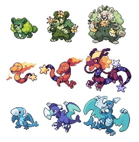 Fakemon Ideas Starters, Pokemon Fanmade Starters, Fakemon Sprites, Fakemon Starter, Pokemon Dungeon, Fakemon Art, Zoroark Pokemon, Fakemon Ideas, Kartu Pokemon