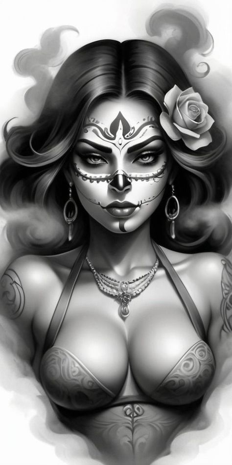 MEXICAN CATRINA ART TATTOO DESIGN Santa Muerte Drawing, La Catrina Tattoo, La Santa Muerte Tattoo, Santa Muerte Tattoo, Aztec Warrior Tattoo, Art Tattoo Design, Female Warrior Tattoo, Aztec Artwork, Mexican Tattoo