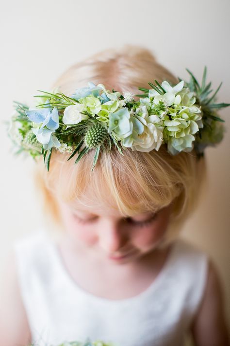 Fresh Fun Relaxed Blue & Green Wedding Flower Girl Flower Crown Garland http://www.katherineashdown.co.uk/ Bridal Wedding Flowers, Flower Head Wreaths, Flower Girl Headpiece, Floral Crown Wedding, Green Wedding Flowers, Wedding Whimsical, Flower Headdress, Flower Crown Hairstyle, Flower Girl Crown