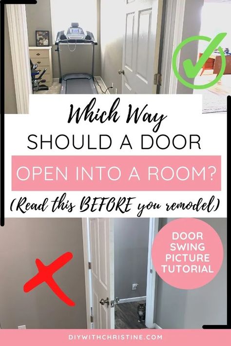 Which Way Should A Door Open Into A Room? (Explained + Picture Guide) – DIY With Christine How To Move A Doorway, Bathroom Without Door, Small Bathroom Doors, Door For Small Space, Bedroom Swing, Bedroom With Bathroom, Hallway Closet, Inside Doors, Toilet Door