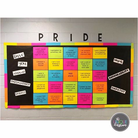 Classroom Brag Board, Staff Bingo Bulletin Board, Staff Bingo Board, Pride Board Ideas, School Pride Bulletin Board, Pride Bulletin Board Ideas, Pride Bulletin Board, Pride Bingo, Student Discipline