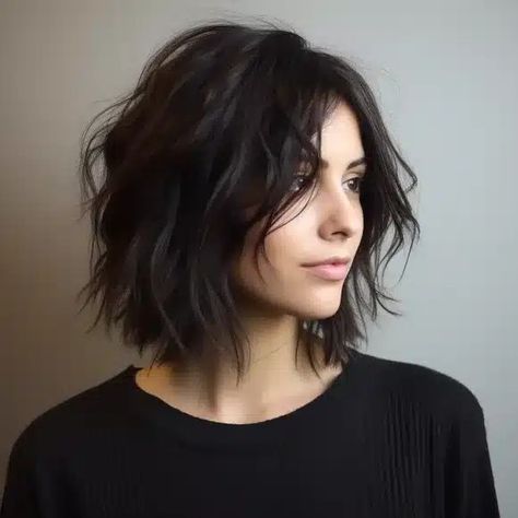 83 Trending Medium-Length Shag Haircut Ideas A Line Bob Wavy Hair, Air Dry Shag Haircut, Short Shag With Curtain Bangs, Edgy Medium Length Hair, Shoulder Length Shag, Corte Shaggy, Bob Hairstyle Ideas, Layered Haircuts Shoulder Length, Edgy Short Haircuts