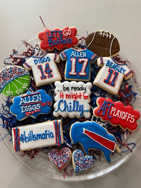 Buffalo Bills, Bills Mafia, Royal Icing Buffalo Bills Themed Birthday Party, Buffalo Bills Cookies Decorated, Buffalo Bills Party Ideas, Buffalo Bills Birthday Party, Buffalo Bills Cookies, Eddie Cookies, Buffalo Bills Party, Buffalo Bills Cake, Specialty Cookies