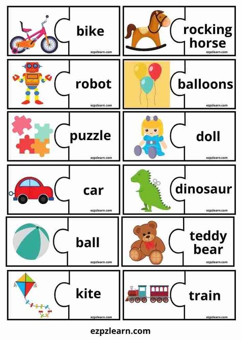 Free Printable Puzzle Match Game Topic Toys For Kids ESL Resource Toys Esl Activities, My Toys Activities, Toys Flashcards Free Printables, Toys Flashcards For Kids, Toys Activities For Kids Worksheets, Toys Vocabulary For Kids, Toys Worksheets For Kids, Toys Activities For Kids, Toys Printable