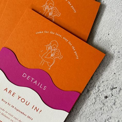 Bright, bold, and brilliantly fun 💥 Wedding invitations for Melanie and Jacob featuring custom wave shapes in vibrant orange, fuchsia, and white 💗🧡 . . . #weddinginvitations #weddinginvites #weddingstationery #weddinginspo #boldbride #funwedding #colourfulwedding #colourfulbride #dailydoseofpaper #sayido #invitations #custominvitations #weddingplanning #2024wedding Wedding Invitation Packaging Ideas, Wedding Invite Colorful, Wedding Invitations Ideas Simple, Wedding Invitation Stack, Vibrant Wedding Invitations, Maximalist Wedding Invitations, Wedding Invitation Colorful, Wedding Invites Design, Wedding Invitations Orange