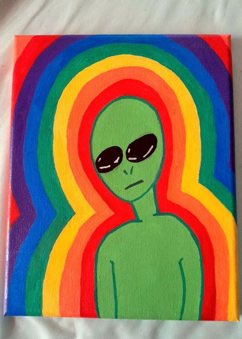 Painting of an alien Alien Canvas Painting Easy, Trippy Simple Paintings, Trippy Drawing Ideas Easy Led Lights, Colorful Easy Paintings, Cute Trippy Painting Ideas, Weirdcore Painting Ideas, Weird Canvas Painting, Posco Painting Ideas, Alien Painting Easy