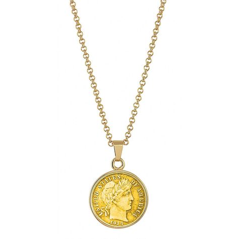 American Coin Treasures Gold-Layered Silver Barber Dime Goldtone Coin Pendant Necklace with 18 Chain Gold Medallion Necklace, Men Pendant, Link Jewelry, Silver Dimes, Gold Medallion, Coin Pendant Necklace, Gold Chains For Men, Hot Jewelry, Jewelry Online Shopping