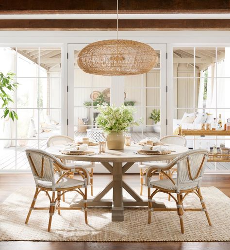 Freshen Your Dining Room for Summer  – serena & lily Modern Coastal Dining Room, Lake House Furniture, Coastal Dining Room, Parisian Bistro, Coastal Dining, Serena Lily, Inspired Interiors, Dining Table Centerpiece, Rattan Dining Chairs