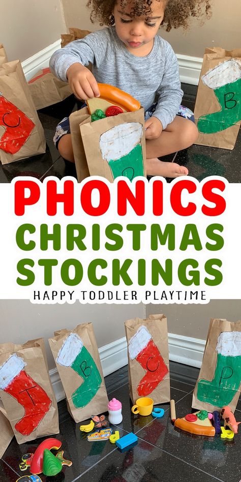 Phonics Christmas Activity - HAPPY TODDLER PLAYTIME Toddler Christmas Stem Activities, Christmas Letter Sound Activities, Pre K Christmas Literacy Activities, Elf Toddler Activities, Christmas Game Toddler, Holiday Literacy Activities Preschool, December Literacy Activities Preschool, Toddler Christmas Learning Activities, Children Christmas Activities