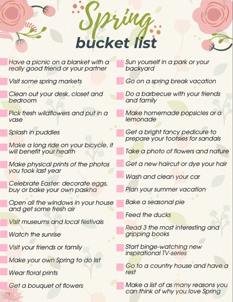 May Ideas Month Of, Spring Bucket List For Families, Spring Bucket List Ideas, Things To Do In The Spring, Spring Things To Do, Spring Bucket List For Adults, April To Do List, Romanticize Spring, April Bucket List