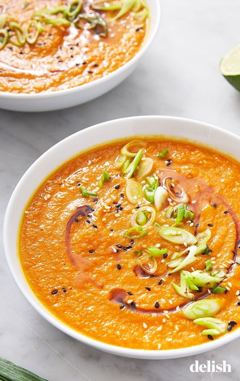 This Ginger Miso Carrot Soup Is Comfort In A BowlDelish Easy Veggies, Ginger Miso, Healthy Vegetable, Savory Soups, Carrot Soup, Vegan Soups, Delish Recipes, Miso Soup, Weeknight Dinner Recipe