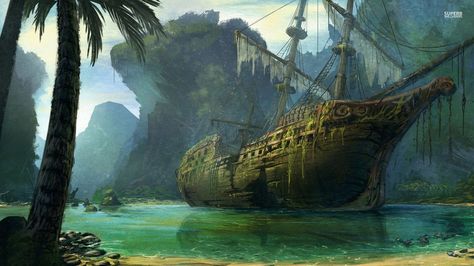 art: fantasy (pirate?) shipwreck on island Ship Architecture, Pirate Stuff, Game Banner, John Howe, Pirate Island, Pirates Life, Bateau Pirate, Pirate Ships, Sea Of Thieves