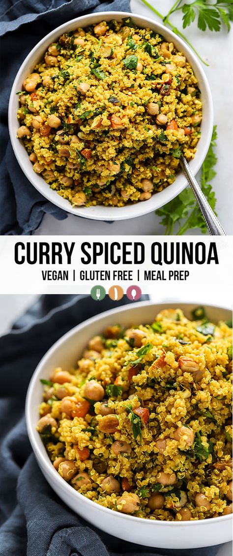 This simply curry spiced quinoa is spiced with curry powder and loaded with add-ins like raisins, chickpeas, and fresh herbs. It also packs well for meal prepping for lunch! #vegan #glutenfree #sidedish #mealprep Quinoa Curry, Quinoa Recipes Easy, Quinoa Recipes Healthy, Quinoa Dishes, Curry Spices, Quinoa Recipes, Meal Prepping, Curry Powder, Veggie Dishes