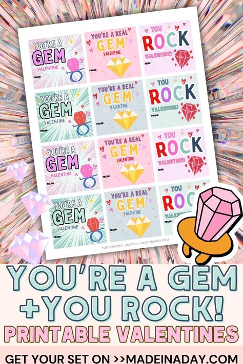 Brighten someone's day with our adorable printable Valentine cards You Are A Gem collection. Let your friends know they are one of a kind! Grab a set below! You Are A Gem, printable valentine cards for classmates, free valentines day printables, printable valentine cards for students, you rock valentines Valentine Cards For Classmates, Rock Valentines, Classroom Valentines Gifts, Valentines Day Printables, Printable Valentine Cards, Cards For Students, Printable Valentines Day Cards, Printable Valentines Cards, Valentine's Day Printables