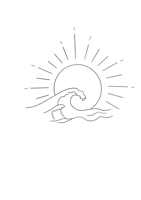 Sun And Wave Drawing, Sun And Waves Drawing, Sun With Wave Tattoo, Waves And Sun Tattoo, Wave Fine Line Tattoo, Sun Lineart, Sun Ocean Tattoo, Sun And Sea Tattoo, Surfer Tattoo Ideas