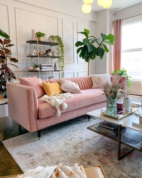 Blush Sectional Living Rooms, Pink Couch Boho Living Room, Pink Couch Office Ideas, Pink Couch Living Room Ideas Bohemian, Light Pink Sofa Living Room Ideas, Rose Couch Living Room, Midcentury Glam Interior Design, Blush Couch Living Room, Pink Velvet Sofa Living Room