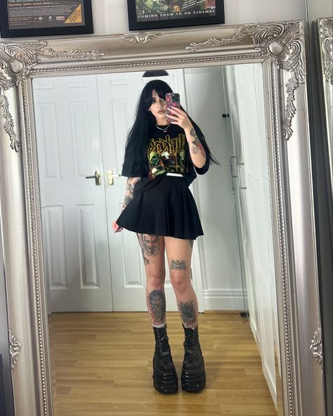 hello I’ve been in hiding xx • • Outfit: Tee @rocknrollretrovintage Skirt @bershka Boots @newrock Emo Women Outfits, Goth Outfit Women, Fashion Killa Outfits, Skirt Outfits With Tights, Goth Aesthetic Outfit, Alt Baddie, Bershka Boots, Outfit With Tights, Check Outfit