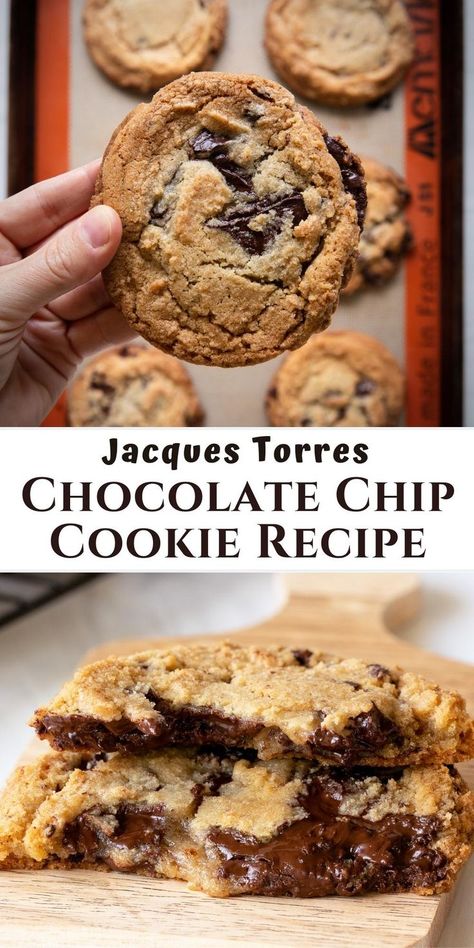 jacques torres chocolate chip cookies on pan and cut in half. Jacque Torres Cookies, French Chocolate Chip Cookies, Best Chocolate Cookies Ever, Guittard Chocolate Chip Cookies, Original Cookie Company Recipes, Crunchy Outside Soft Inside Cookies, Jaques Torres Chocolate Chip Cookies, Craig’s Cookies Recipe, New York Times Chocolate Chip Cookies