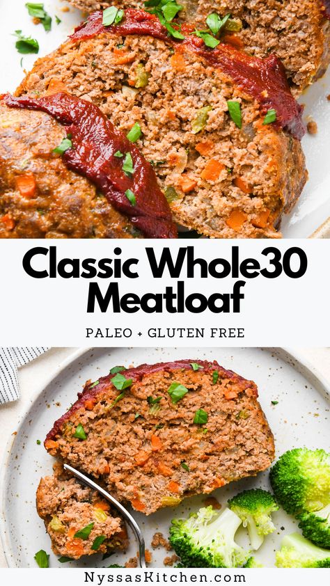 This classic Whole30 meatloaf is the ultimate healthy comfort food! Made with all the traditional meatloaf ingredients but without the dairy, gluten, and sugar. An easy recipe that makes delicious leftovers - kid friendly and perfect for the whole family! Whole30, paleo, gluten free, dairy free, grain free. Whole 30 Meatloaf, Whole30 Meatloaf, Paleo Meatloaf, Gluten Free Meatloaf, Healthy Meatloaf, Traditional Meatloaf, Meatloaf Ingredients, Whole30 Dinner Recipes, Easy Whole 30 Recipes