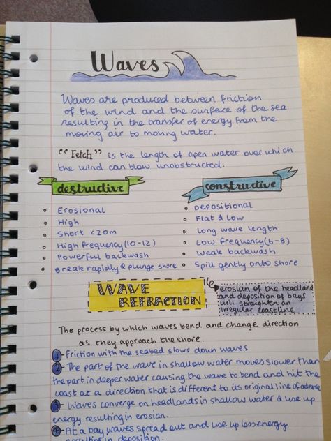 Megan's Studyblr — Geography Coastal Processes Notes on Waves 🌊... A Level Geography Revision, Geography Notes Upsc, Aqa Geography Gcse, Waves Physics Notes, Physical Geography Notes, Maths Gcse Revision Notes, Geography Notes Aesthetic, Geography Notes Ideas, Geography Revision Notes