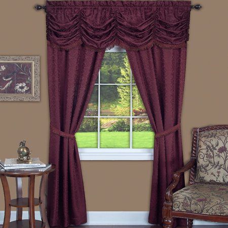 Panache "Window in a Bag" Complete 5 Piece One-Rod Set - Walmart.com - Walmart.com Damask Curtains, Traditional Windows, Red Panels, Red Curtains, Decor Pillows, Darkening Curtains, Rod Pocket Curtain Panels, Rod Pocket Curtains, Room Darkening Curtains