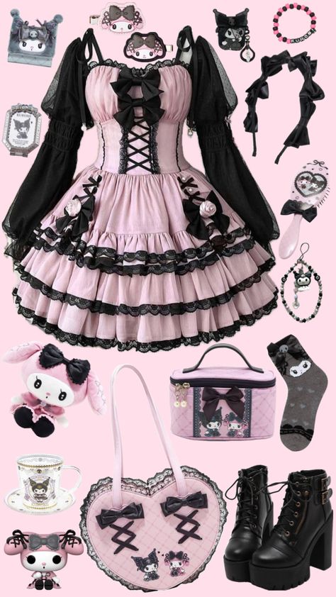 #lollita #kawaii #kawaiiaesthetic #kawaiicore #mymelody #mymelodyandkuromi #kuromi #kuromiandmelody #pink #black #lacey Kuromi Outfit Aesthetic, Kuromi Aesthetic Outfit, Kuromi Outfit, Kuromi Clothes, Cute Emo Outfits, Punk Fashion Diy, Pastel Goth Outfits, Karakter Sanrio, Pastel Goth Fashion